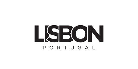 Lisbon in the Portugal emblem. The design features a geometric style, vector illustration with bold typography in a modern font. The graphic slogan lettering.