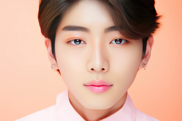 Naklejka premium Handsome Asian Man On Light Peach Color Background