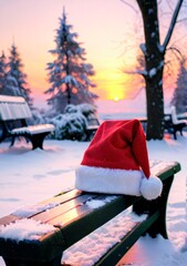 A Christmas Hat On A Snow-Covered Bench, At Sunset.
