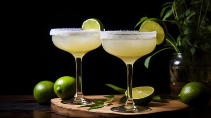 Boozy Refreshing Classic Margarita Cocktail with Salt and Lime on dark background. Alcoholic summer drink