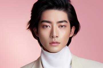 Handsome Asian Man On Pastel Pink Color Background