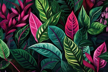 Fototapeta na wymiar Modern exotic foliage botanical tropical leaves and floral pattern. Abstract jungle nature background. Contemporary cartoon style. Design for print, poster, banner, wallpaper, textile