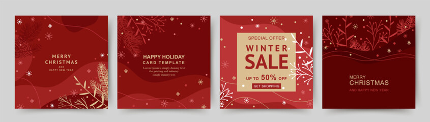 Winter holidays square template. Minimal backgrounds with Christmas tree branches and snowflakes. Winter sale. Vector illustration for greeting card, mobile app, social media post, poster, flyer - obrazy, fototapety, plakaty