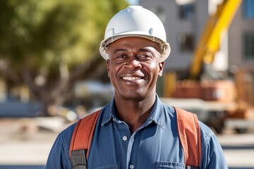 Mature Afro American happy handyman with hard hat. Worker in the plant
