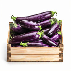 Angled view close up of eggplants vegetable crate