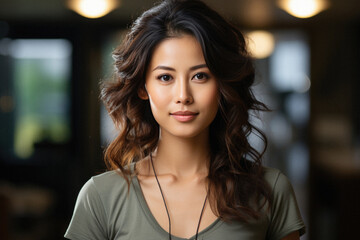 Obraz premium Portrait of smiling asian woman listening to music in earphones.