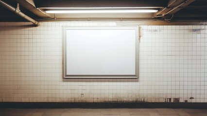 White picture frame hanging on the wall of an old subway station, canvas for advertising - obrazy, fototapety, plakaty