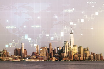 Multi exposure of virtual abstract financial graph hologram and world map on Manhattan cityscape background, financial and trading concept