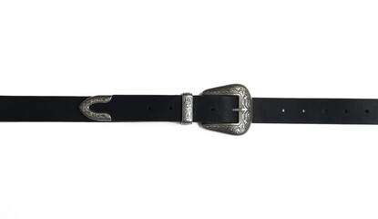 Black western cowboy belt with silver buckle isolated on white background.