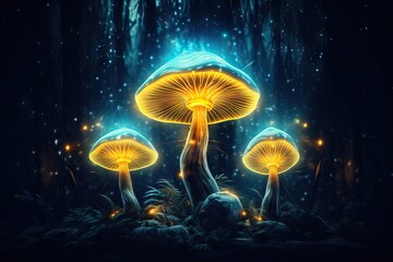 Psilocybin mushrooms glowing in the dark. Group of fungi magic mushrooms on dark background. Trippy  Psychedelic hallucination. 