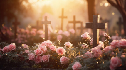 Funeral with pink flower on a cross, in a cemetery, with a vintage filter. - obrazy, fototapety, plakaty