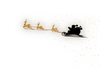 Golden snowy flying Santa Claus on the background of the night sky.