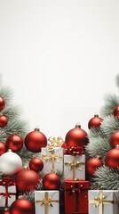Christmas background with Christmas tree baubles and gifts and blank space for text