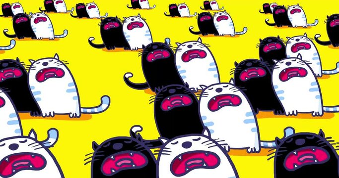 Many black and white cats singing beatiful melody. A little music. Cartoon animation, good for lullaby instead of sheep counting. Miau, Miau ...