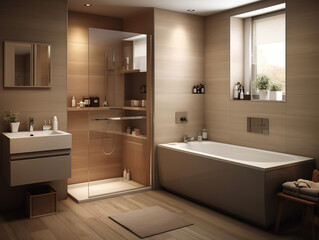 Fototapeta na wymiar fiktives modernes badezimmer mit wanne dusche und sauna