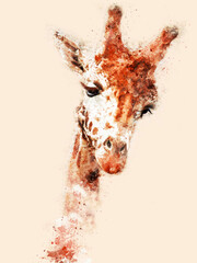 Colorful giraffe illustration, head and neck in multi color, isolated against a light background.