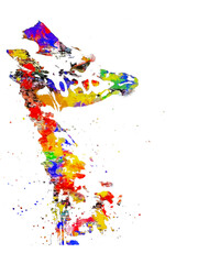 Colorful giraffe illustration, head and neck in multi color, isolated against a light background.