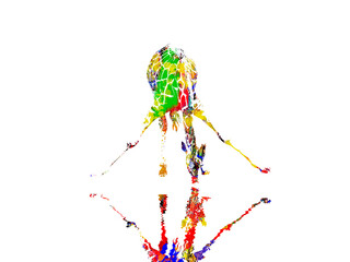 Colorful giraffe illustration bending over to drink, with reflection, isolated against a white background