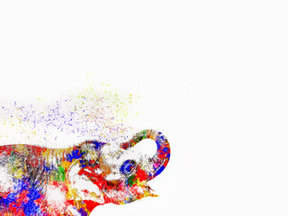 Colorful elephant illustration, head and trunk spraying  multi color splashes, isolated against a light background.