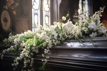 Fototapeta na wymiar Coffin decorated with many flowers in the church. Funeral ceremony. Generative AI