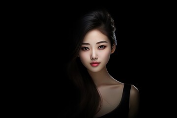 Fototapeta premium Beautiful Asian Girl On Black Background. Сoncept Nature-Inspired Portraits, Abstract Art Photography