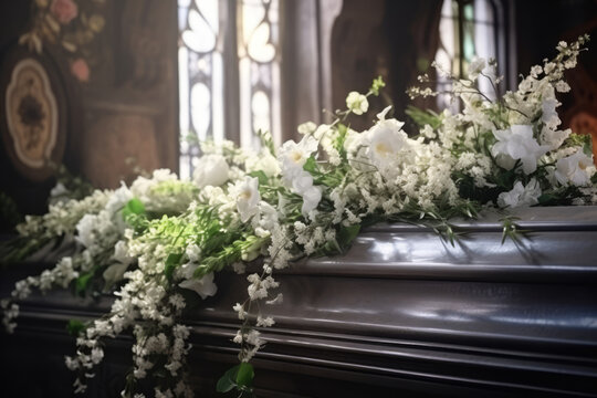 Coffin decorated with many flowers in the church. Funeral ceremony. Generative AI