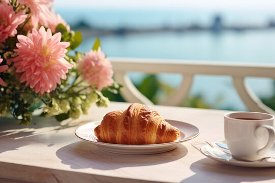 Breakfast on hotel balcony decorated with fresh flowers and croissants overlooking sea view. Generative AI - Powered by Adobe