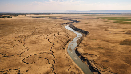 An aerial view of a river that has almost dried up due to the strong sunlight of a hot summer.