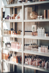 Obraz premium Hair salon with shelves filled with various hair care products. Generative AI