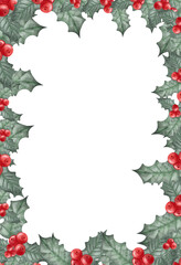 Watercolor frame ready postcard template. Holly wreath with berries in a circle. Frame for Christmas invitation design