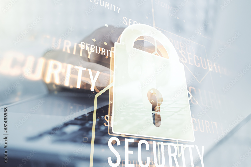 Aufkleber creative lock illustration with microcircuit and hands typing on computer keyboard on background, cy