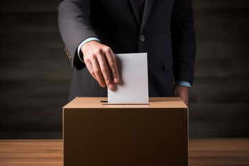 Person depositing his vote in a ballot box. Generative AI