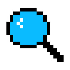 Magnifying glass with blue glass line icon. Search bar, glass, magnification, optics vision, pixel style. Multi-colored icon on a white background.