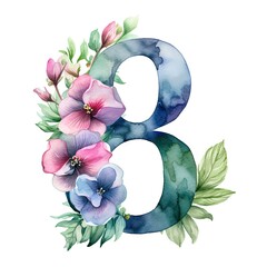 March 8 watercolor greeting card. International Women's Day. Giant number 8 with spring flowers...