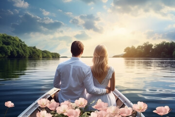 Fototapeta premium Woman and man together relaxing on the water. Couple rides in a boat on a lake. Generative AI
