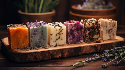 Display of scented handmade soaps in various colors listed for sale