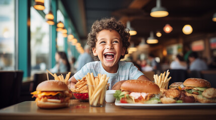 Portrait of a smiling little boy eating hamburger in a fast food restaurant - obrazy, fototapety, plakaty