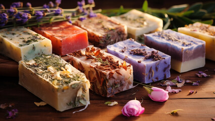 Display of scented handmade soaps in various colors listed for sale - obrazy, fototapety, plakaty