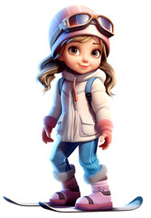 Cute Skiing Girl Dressed in Winter Clothes Cartoon Character