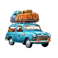 Poster Cheerful cartoon car with a sunroof and a luggage. AI generate illustration © PandaStockArt