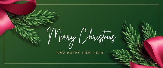 Holiday Christmas banner with pink bows, glitter and Christmas tree branches on a green background. New Year card, card or flyer.