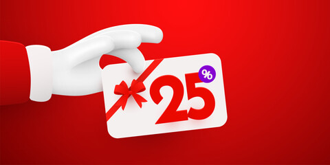 25 percent Off Sale. Discount composition. Santa hand hold sale certificate. Merry Christmas and Happy New Year.