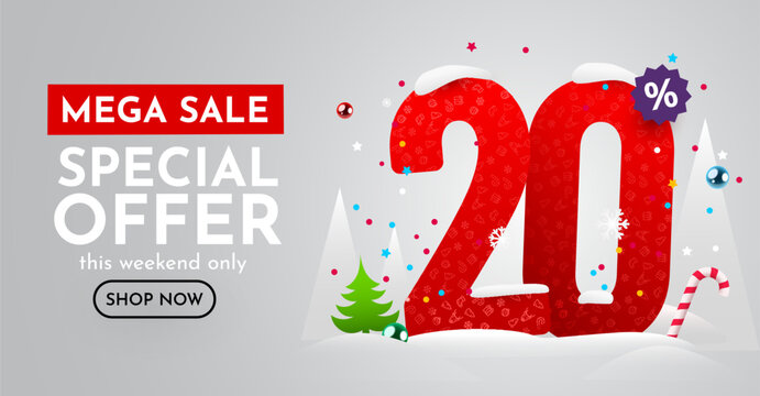 20 percent Off. Discount creative composition. Merry Christmas and Happy New Year. Sale banner and poster.