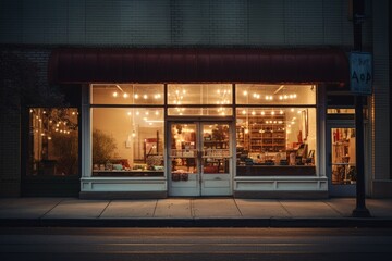 An empty shop window. There are also neon lights. An abandoned store.