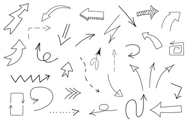 Set of hand drawn arrows. Set simple arrows isolated on white background. Arrow mark icons. Doodle paint .	