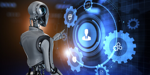 Fototapeta premium HR Human resources automation RPA. Robot pressing button on screen 3d render.
