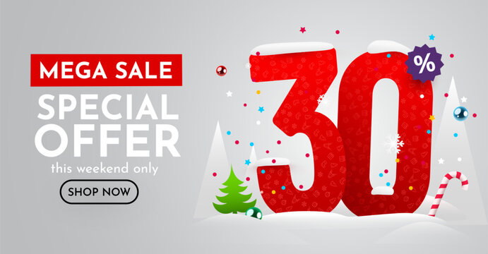 30 percent Off. Discount creative composition. Merry Christmas and Happy New Year. Sale banner and poster.
