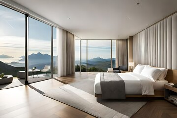 Luxurious room with comfortable bed and large window. Hotel room concept, luxury architecture. Created with generative Ai technology.