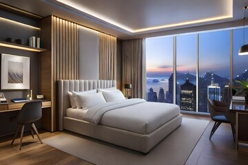 Luxurious room with comfortable bed and large window. Hotel room concept, luxury architecture. Created with generative Ai technology.