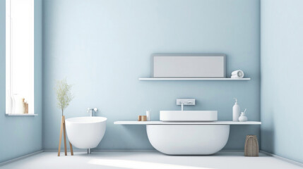 Fototapeta na wymiar Horizontal banner with copyspace. Minimalist realistic illustration of modern luxury bathroom with rectangular window with rounded corners, white sink. Blue and white color palette. Generative AI